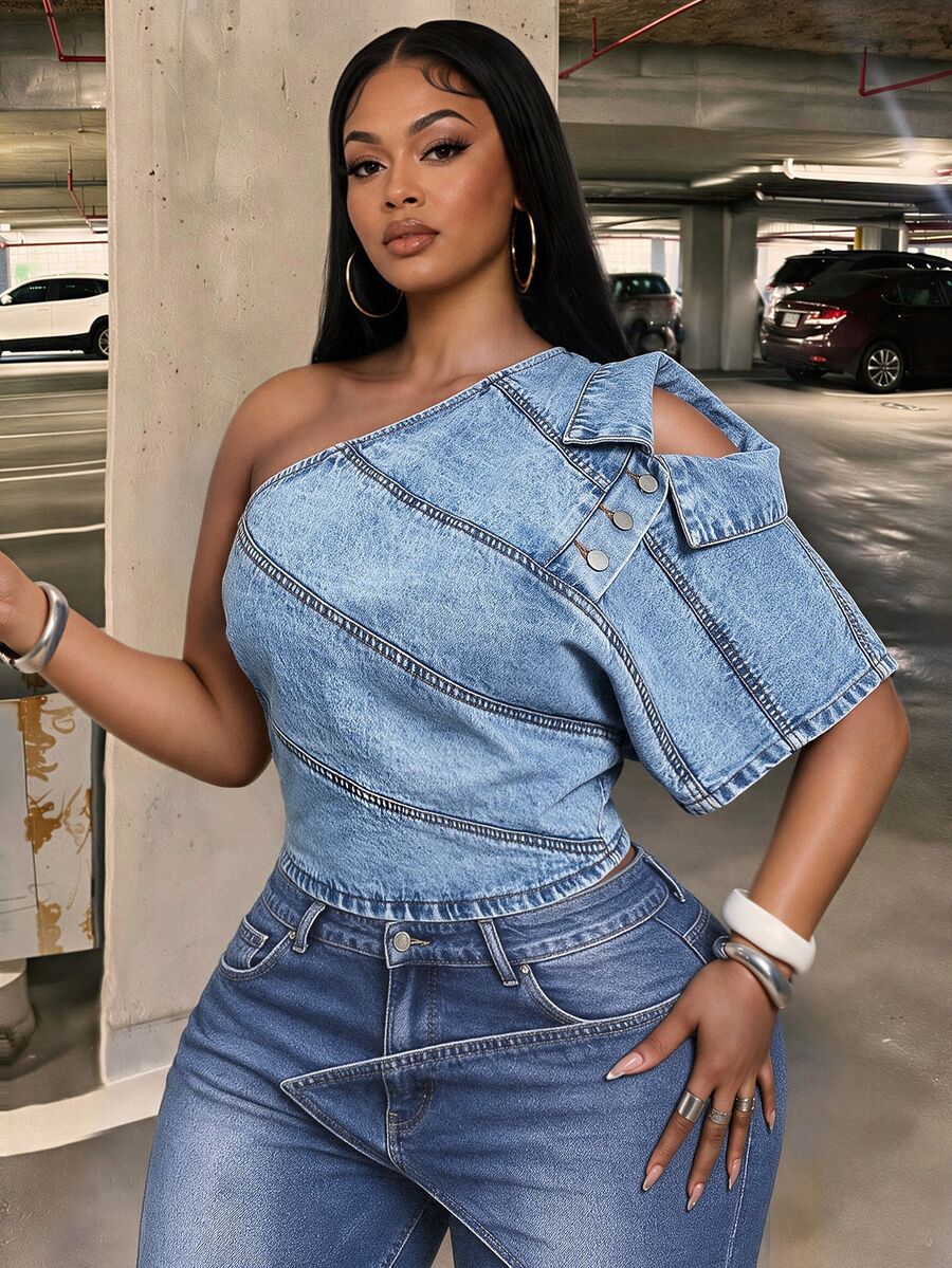 Slaydiva One-Sleeve Asymmetrical Loose Plus Size Denim Jacket,Fall/Winter - Blue - View 1