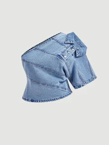 Slaydiva One-Sleeve Asymmetrical Loose Plus Size Denim Jacket,Fall/Winter - Blue - View 7
