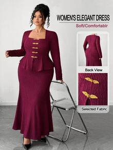 Elenzga Plus Size Women's Burgundy Textured Square Neck Top With Gold Frog Buttons And Elegant Mermaid Skirt, Suitable For Christmas Wedding Formal And Fall - Burgundy - View 8