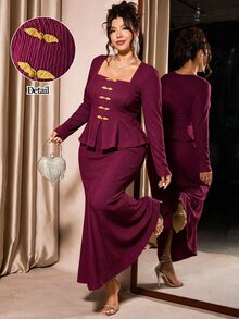 Elenzga Plus Size Women's Burgundy Textured Square Neck Top With Gold Frog Buttons And Elegant Mermaid Skirt, Suitable For Christmas Wedding Formal And Fall - Burgundy - View 1