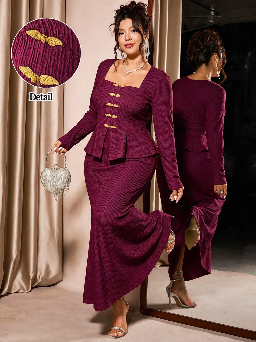 Elenzga Plus Size Women's Burgundy Textured Square Neck Top With Gold Frog Buttons And Elegant Mermaid Skirt, Suitable For Christmas Wedding Formal And Fall - Burgundy - View 1