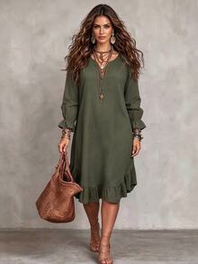 Linhara CURVE Plus Size Woven Women's Casual Fall Dress - Army Green - View 1
