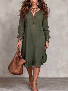 Linhara CURVE Plus Size Woven Women's Casual Fall Dress - Army Green - View 3