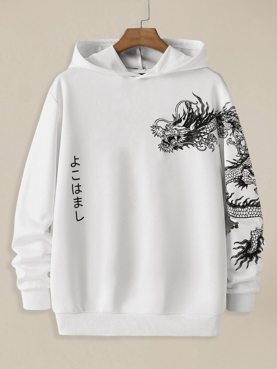 EASEVO Men's Plus Size Dragon Print Hoodie Halloween Christmas Winter Party Autumn - White - View 1