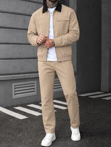 Manfinity CasualCool Men's Colorblock Lapel Zip-Up Jacket With Solid Color Casual Pants Set - Khaki - View 7