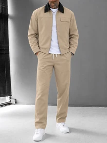 Manfinity CasualCool Men's Colorblock Lapel Zip-Up Jacket With Solid Color Casual Pants Set - Khaki - View 3