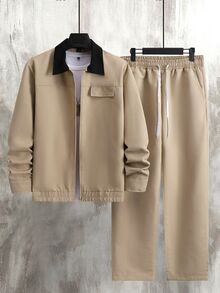 Manfinity CasualCool Men's Colorblock Lapel Zip-Up Jacket With Solid Color Casual Pants Set - Khaki - View 5