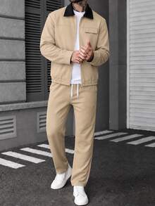 Manfinity CasualCool Men's Colorblock Lapel Zip-Up Jacket With Solid Color Casual Pants Set - Khaki - View 4