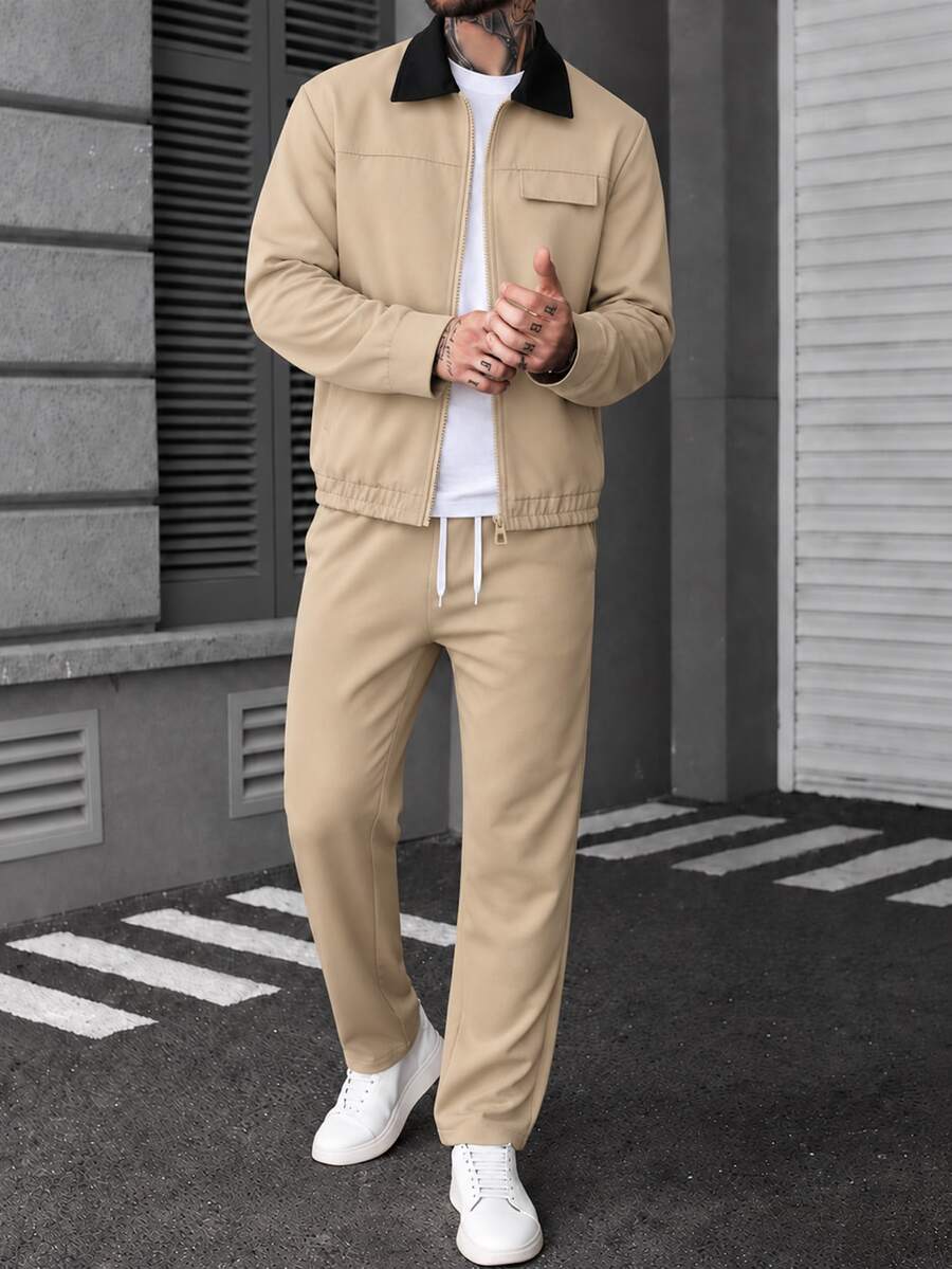 Manfinity CasualCool Men's Colorblock Lapel Zip-Up Jacket With Solid Color Casual Pants Set - Khaki - View 1