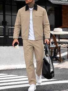 Manfinity CasualCool Men's Colorblock Lapel Zip-Up Jacket With Solid Color Casual Pants Set - Khaki - View 1
