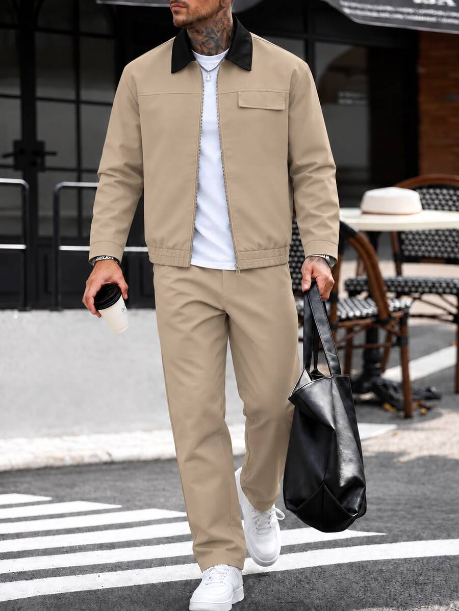 Manfinity CasualCool Men's Colorblock Lapel Zip-Up Jacket With Solid Color Casual Pants Set - Khaki - View 1