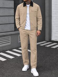 Manfinity CasualCool Men's Colorblock Lapel Zip-Up Jacket With Solid Color Casual Pants Set - Khaki - View 8