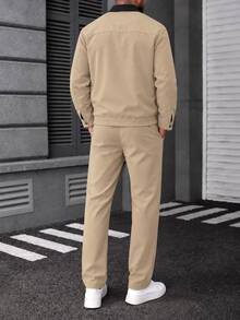 Manfinity CasualCool Men's Colorblock Lapel Zip-Up Jacket With Solid Color Casual Pants Set - Khaki - View 2