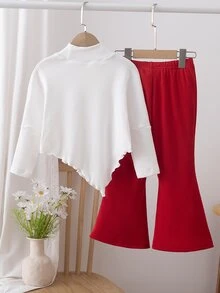 SHEIN 2件組女童秋季T恤套裝 - 紅色 - 查看 2