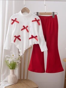 SHEIN 2件組女童秋季T恤套裝 - 紅色 - 查看 3