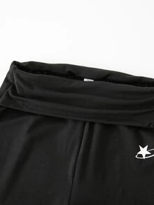 SHEIN 青少年女孩休閒可愛寬鬆百搭日常寬腰帶雙層摺疊直筒黑色長褲，適合秋季/海灘運動 - 黑色 - 查看 4