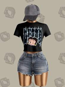 Betty Boop x SHEIN Women's Letter Cartoon Print Casual Daily Short Sleeve T-Shirt - White - View 5