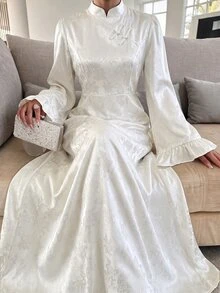 Yasmyna Stand Collar Asymmetric Front Handmade Frog Button Ruffle Flare Long Sleeve Cinched Waist Full Skirt Flattering Slimming Long Dress, White Subtle Jacquard Pattern, Suitable For Dating, Commuting, Daily Wear, Evening Party - White - View 5