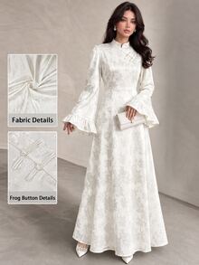 Yasmyna Stand Collar Asymmetric Front Handmade Frog Button Ruffle Flare Long Sleeve Cinched Waist Full Skirt Flattering Slimming Long Dress, White Subtle Jacquard Pattern, Suitable For Dating, Commuting, Daily Wear, Evening Party - White - View 6