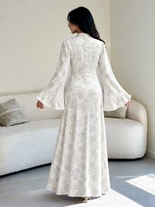Yasmyna Stand Collar Asymmetric Front Handmade Frog Button Ruffle Flare Long Sleeve Cinched Waist Full Skirt Flattering Slimming Long Dress, White Subtle Jacquard Pattern, Suitable For Dating, Commuting, Daily Wear, Evening Party - White - View 3