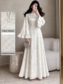 Yasmyna Stand Collar Asymmetric Front Handmade Frog Button Ruffle Flare Long Sleeve Cinched Waist Full Skirt Flattering Slimming Long Dress, White Subtle Jacquard Pattern, Suitable For Dating, Commuting, Daily Wear, Evening Party - White - View 2