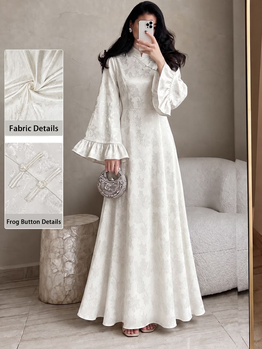 Yasmyna Stand Collar Asymmetric Front Handmade Frog Button Ruffle Flare Long Sleeve Cinched Waist Full Skirt Flattering Slimming Long Dress, White Subtle Jacquard Pattern, Suitable For Dating, Commuting, Daily Wear, Evening Party