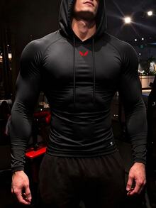 GymBeat Men Drawstring Hood Compression Long Sleeve Shirt, Minimal Red V-Shape Emblem, Quick Dry Stretchy Fitted Gym Workout Top - Black - View 3