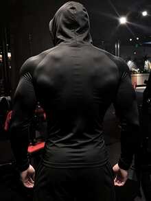 GymBeat Men Drawstring Hood Compression Long Sleeve Shirt, Minimal Red V-Shape Emblem, Quick Dry Stretchy Fitted Gym Workout Top - Black - View 2