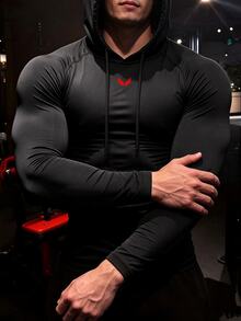 GymBeat Men Drawstring Hood Compression Long Sleeve Shirt, Minimal Red V-Shape Emblem, Quick Dry Stretchy Fitted Gym Workout Top - Black - View 4