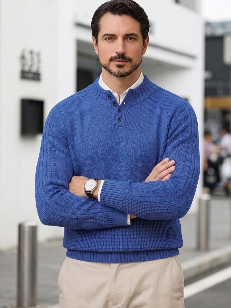 Marcello Vane Suéter de manga larga con media abertura de botones cómodo para hombre, azul real, casual para oficina y trabajo - Azul - Ver 1