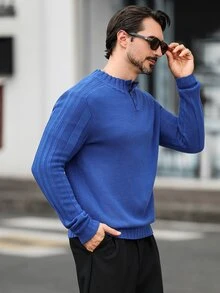 Marcello Vane Suéter de manga larga con media abertura de botones cómodo para hombre, azul real, casual para oficina y trabajo - Azul - Ver 4