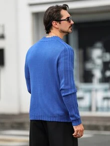 Marcello Vane Suéter de manga larga con media abertura de botones cómodo para hombre, azul real, casual para oficina y trabajo - Azul - Ver 2