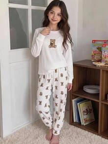 SHEIN Tween女孩秋冬聖誕可愛時尚百搭派對長袖褲裝套裝，日常居家穿著，修身版型 - 彩色 - 查看 1