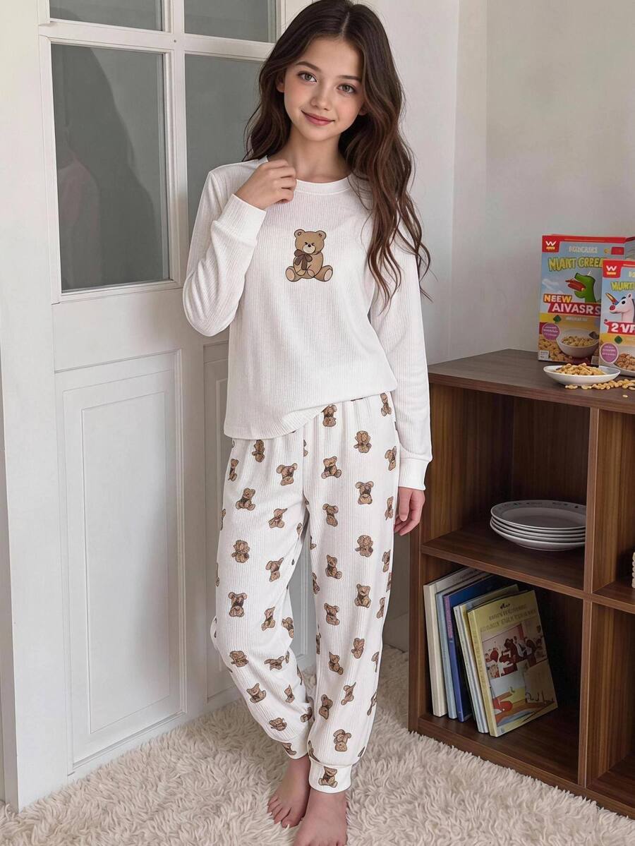 SHEIN Tween女孩秋冬聖誕可愛時尚百搭派對長袖褲裝套裝,日常居家穿著,修身版型 - 彩色 - 查看 1