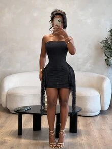Mistrie Strapless Lace Ruched Bodycon Mini Dress, Asymmetrical Flowy Ruffle Hem Night Out Dress Halloween Club Black Summer Gothic Sexy - Black - View 4