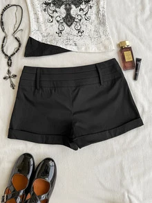 Attitoon Women's Solid Color Waist Button Design Casual Shorts - Black - View 6