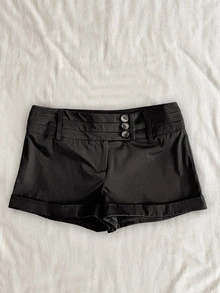 Attitoon Women's Solid Color Waist Button Design Casual Shorts - Black - View 1