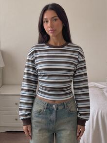 SHEIN Tween Girls Fashion Elegant Casual Striped Pullover Autumn Sweatshirt - Multicolor - View 1