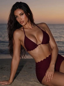 Swim SXY Women's 2 Pieces Black Wavy Textured Fabric Bikini Set, Lace Design With Boy Shorts, Gold Pendant Decoration, Vacation Style Swimwear Set - Burgundy - View 1