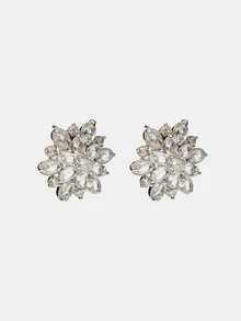 Aravennia 1pair Luxurious Sunflower Double Layer Rhinestone Stud Earrings For Women, Fashionable Bridal Copper Ear Jewelry Accessory Elegant Boho Snowflake - Silver - View 4