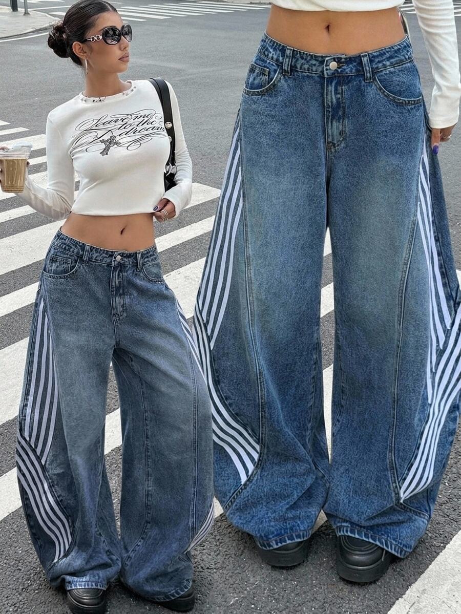 Muchica Blue Women's Side Stripe Curved Leg Wide Leg Jeans - Blue - View 1