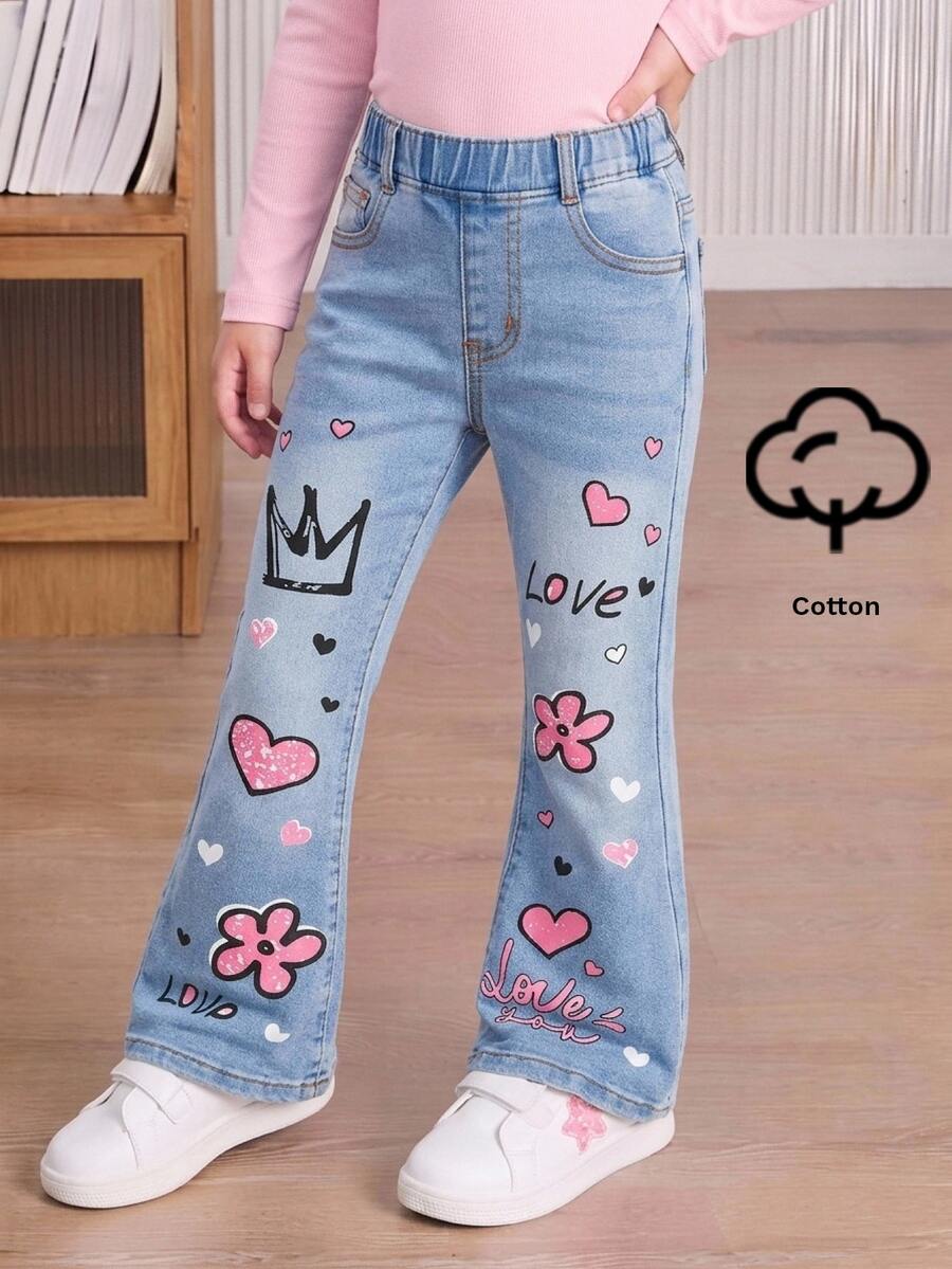 SHEIN 女童皇冠與花卉塗鴉圖案藍色丹寧彈性緊身喇叭褲 西部牛仔女孩風 - 藍色 - 查看 1