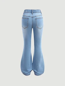 SHEIN 女童皇冠與花卉塗鴉圖案藍色丹寧彈性緊身喇叭褲 西部牛仔女孩風 - 藍色 - 查看 3
