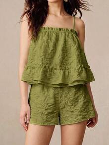 BELROSIE Frill Trim Cami Top & Shorts Christmas Holiday Party Clothes  - Green - View 1