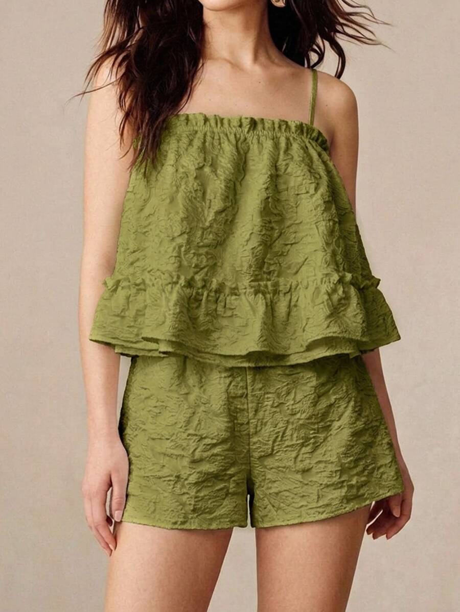 BELROSIE Frill Trim Cami Top & Shorts Christmas Holiday Party Clothes - Green - View 1
