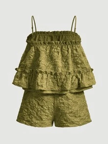 BELROSIE Frill Trim Cami Top & Shorts Christmas Holiday Party Clothes  - Green - View 5