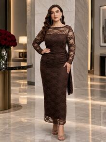 Seusyu Plus Size Chocolate Brown Boat Neck Long Sleeve Lace Midi Dress, Sheer Mesh Ruched Bodycon Formal Fall Dress For Wedding Guest Dinner - Brown - View 11