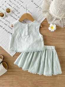SHEIN 2pcs/Set Baby Girl Spring&Summer Elegant Style Sleeveless Embroidery Top&&Skirt - Green - View 3