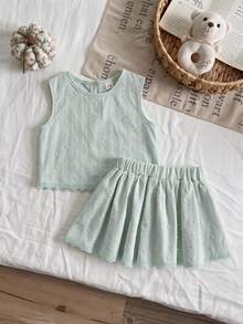 SHEIN 2pcs/Set Baby Girl Spring&Summer Elegant Style Sleeveless Embroidery Top&&Skirt - Green - View 2