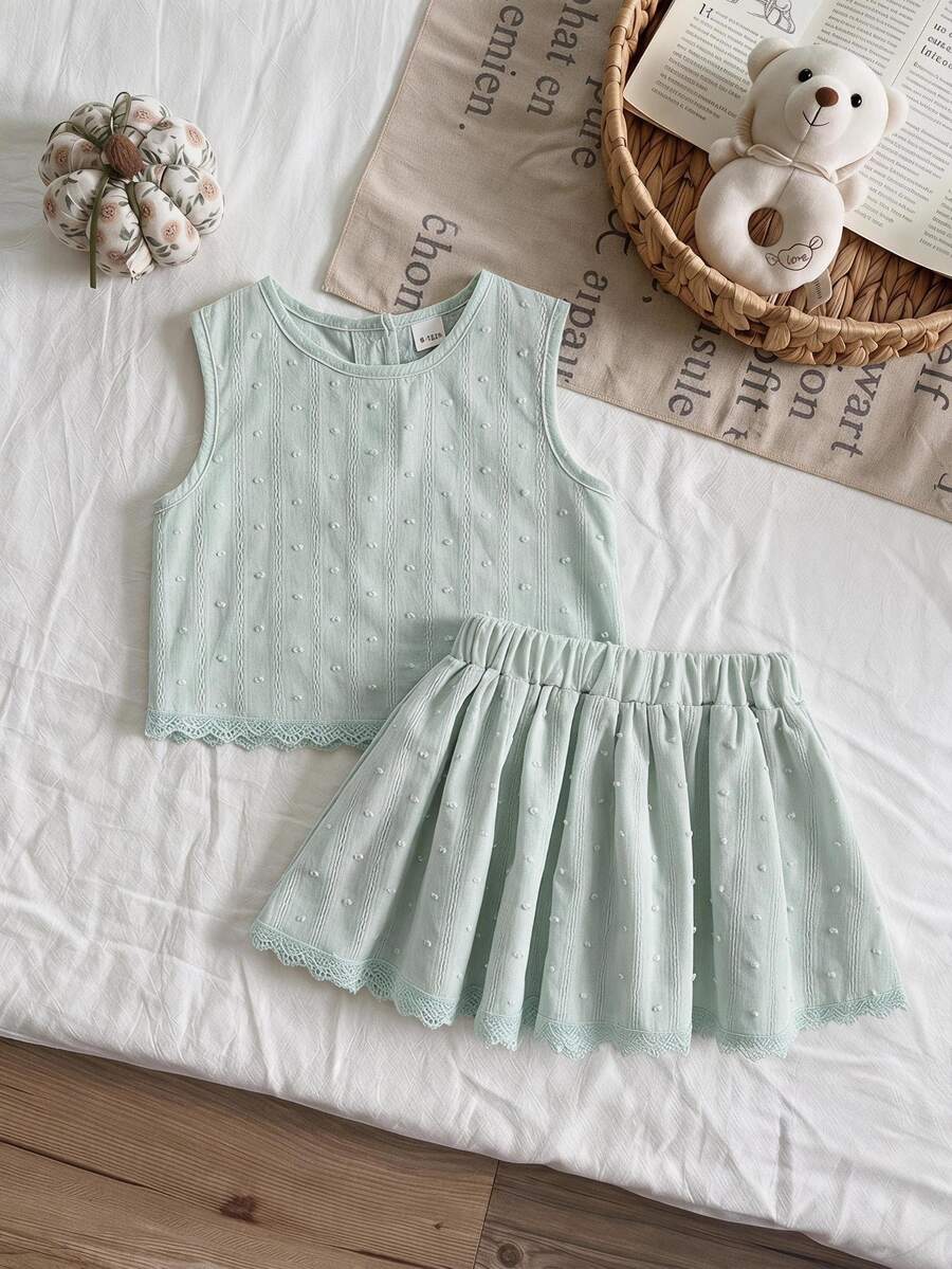 SHEIN 2pcs/Set Baby Girl Spring&Summer Elegant Style Sleeveless Embroidery Top&&Skirt